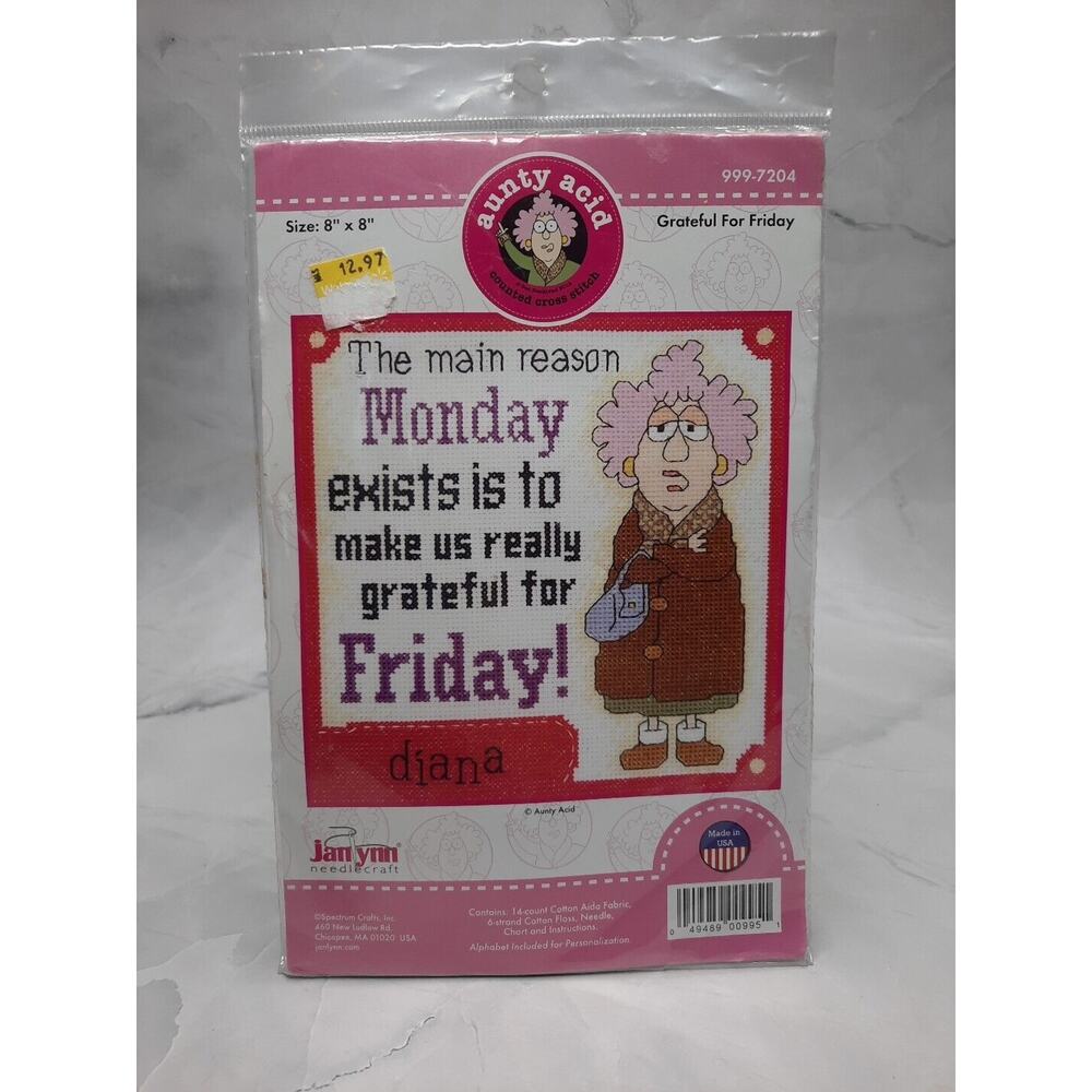 Janlynn Aunty Acid Counted Cross Stitch Kit Grateful For Friday 9997204 8x8